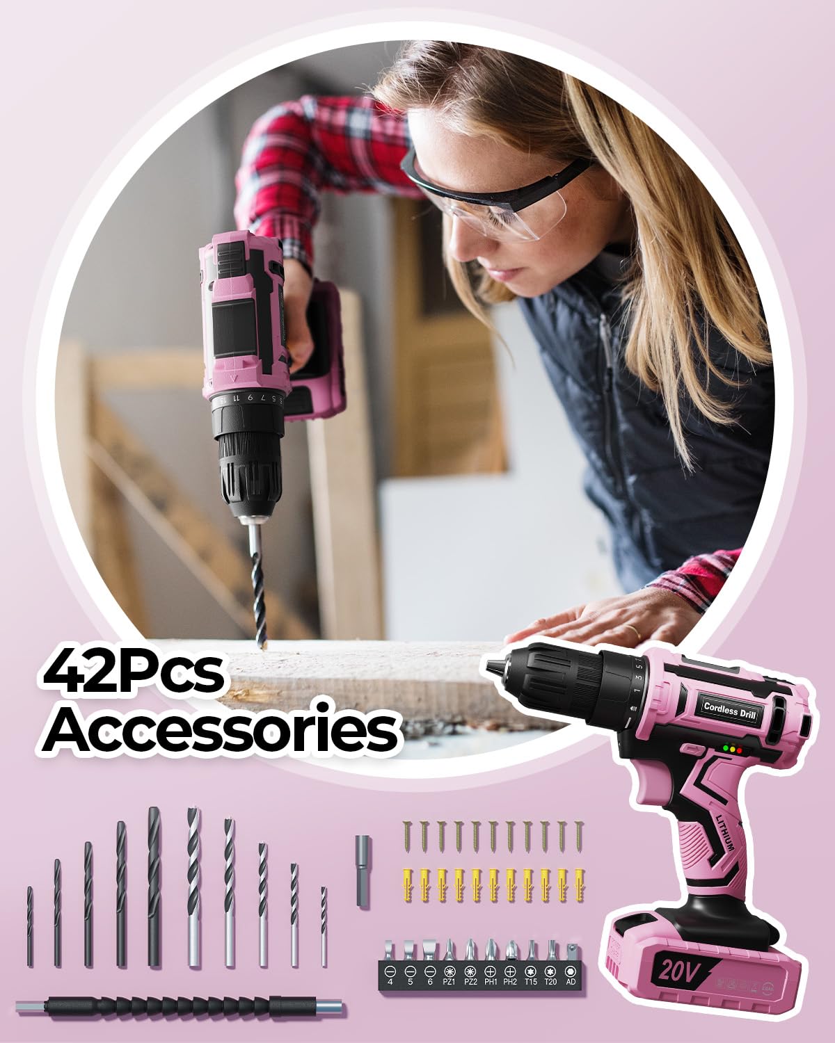Pink Cordless Drill Set, 20V Electric Power Drill for Women, Lightweight Electric Screwdriver Driver with Battery & Charger, 3/8" Keyless Chuck, Womens Tool Kit for House VIWKO
