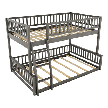 KLMM Gray Full XL Over Queen Bunk Bed with Ladder and Guardrails for Ultimate Space-Saving Style - WoodArtSupply