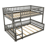 Merax Wooden Bunk Bed Full XL Over Queen for Adults Teens, Full XL Over Queen Bunk Beds with Incline Ladder and Guardrails, Bunk Beds Can Be Divided into 2 Platform Beds, Wood Slats, Grey Merax