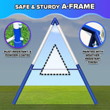 Sportspower Ramona Metal Swing Set 7-in 1: 3 Swings, Climbing Ladder and net, Basketball Hoop, and 5-ft Blow Molded Slide, 700lb Capacity, Yellow & Blue, Bonus Anchor kit Included Sportspower