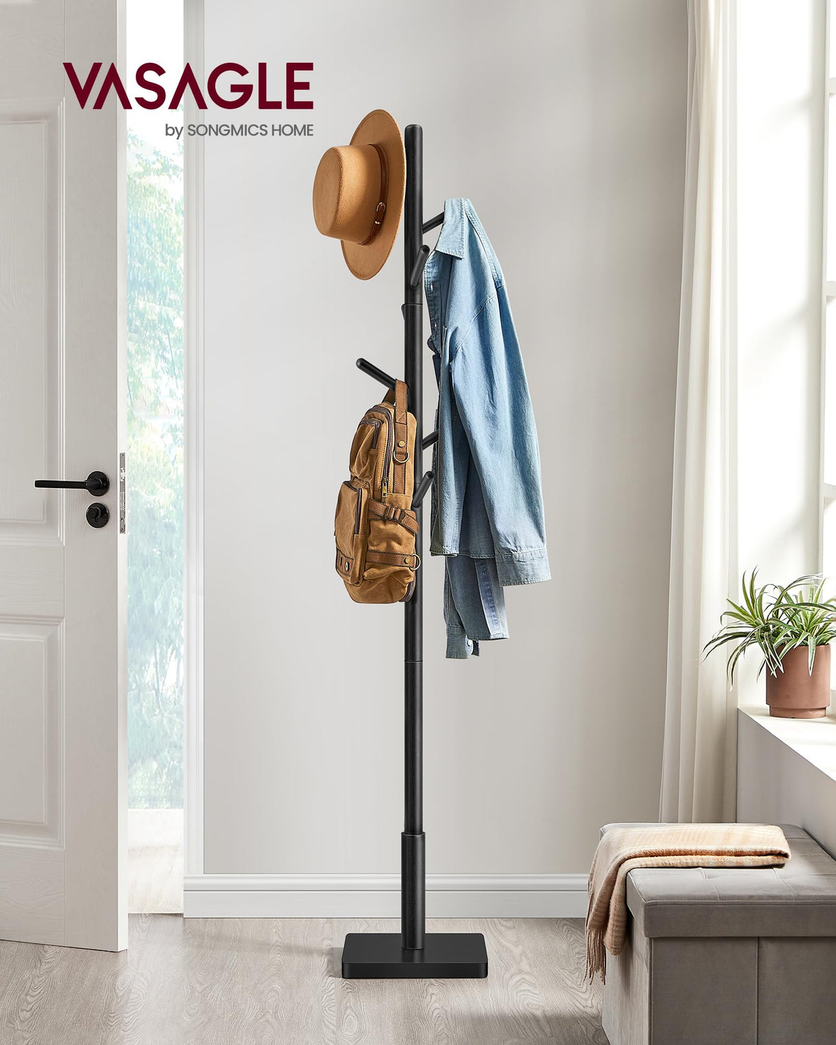 VASAGLE Coat Rack, Solid Wood Coat Stand, Freestanding Hall Tree, 8 Hooks, Ink Black URCR010B01 VASAGLE