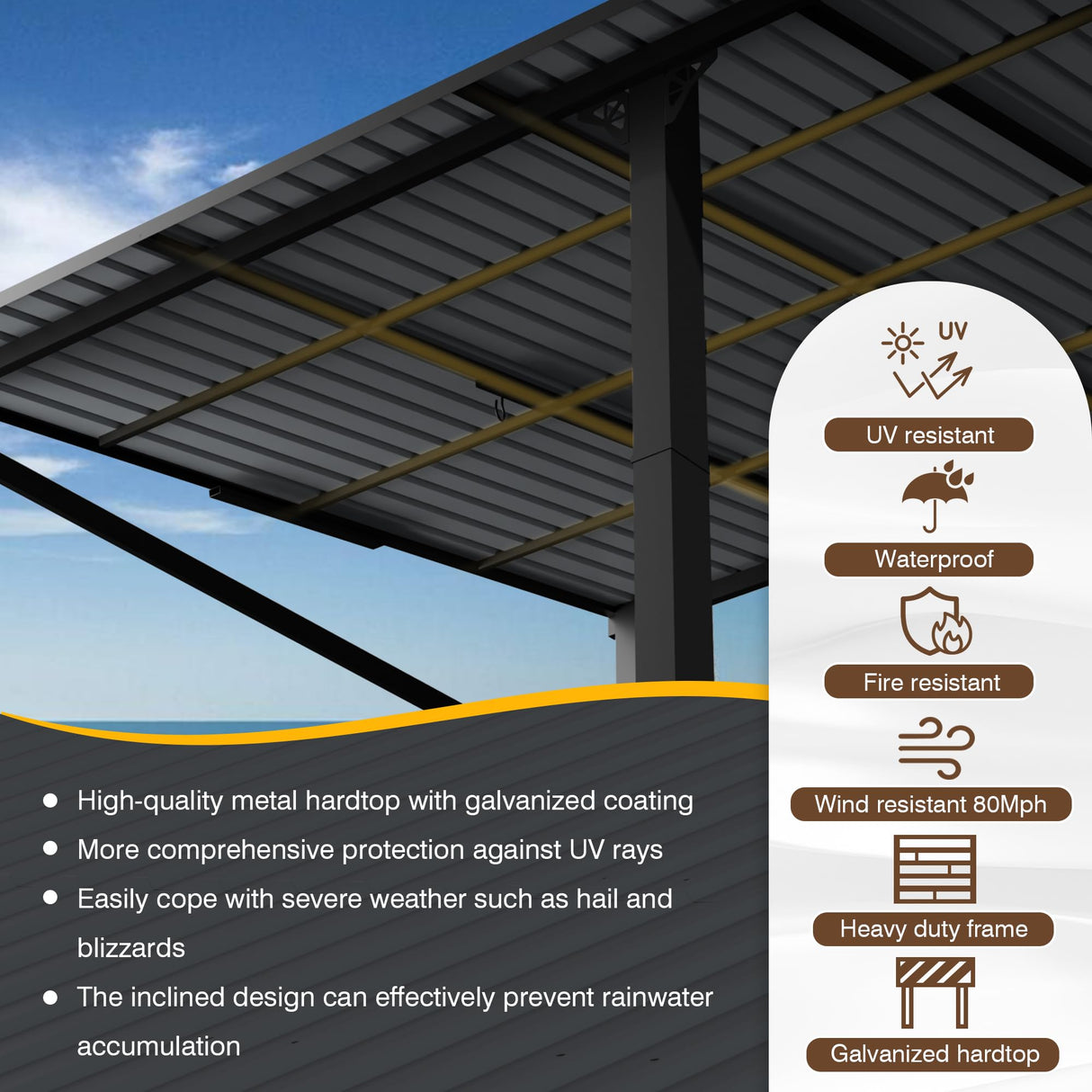 EBE 14' x 10' Hardtop Gazebo, Lean to Gazebos with Galvanized Steel Roof, Heavy Duty Outdoor Pergola and Gazebos Clearance, Wall Mounted Grill Gazebo Awning for Patio, Poch, Backyard EBE