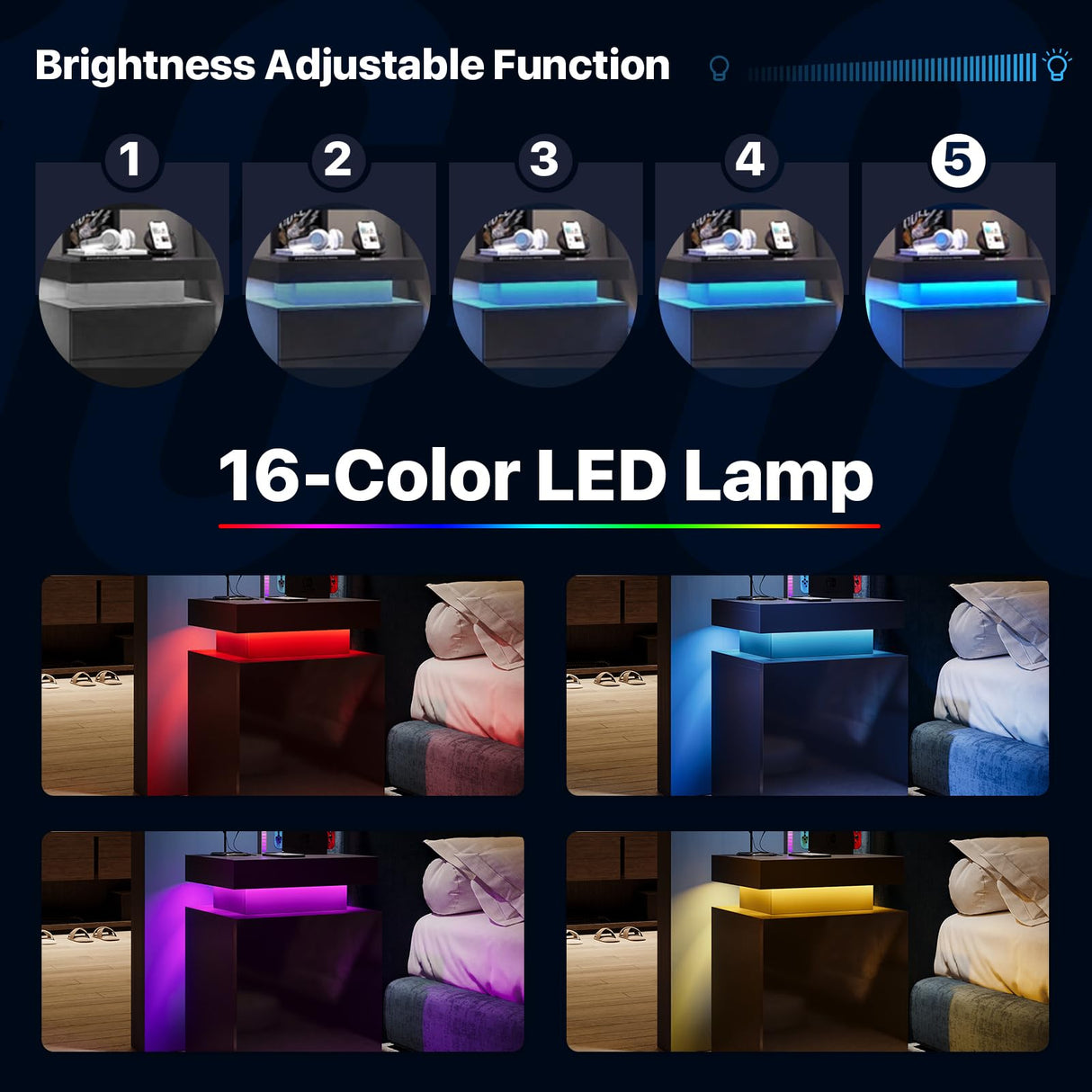 oneinmil Nightstand Set of 2, LED Nightstand with One Cabinet, Bedside Table with LED Lights, Modern End Side Table for Bedroom, Black oneinmil