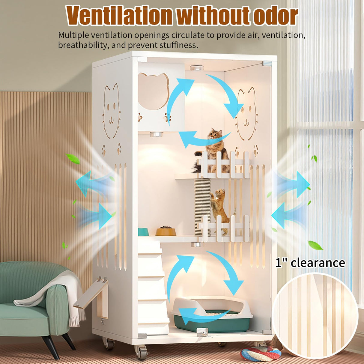 Wooden Cat House Large Space, Enclosed Cat Condo, Indoor/Outdoor Cat Enclosure with Wheels, Multi-Feature Luxury Cat Villa for Cats Ventilation Glass Doors,50" X 24" X 24" (White, 50" X 24" X 24") TMGSK