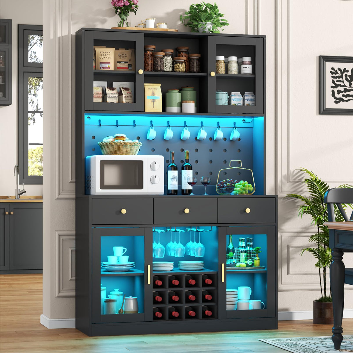 72" Tall Wine Bar Cabinet with Storage Hutch & Pegboard, Coffee Bar Cabinet with LED Lights, Modern Liquor Cabinets with 9-grid Wine & Glass Racks, Pantry Cabinet for Kitchen, Living Room (Black) Auromie