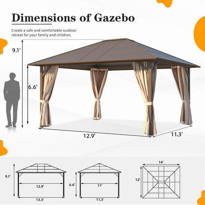 YOLENY 12'x14' Hardtop Gazebo, Outdoor Polycarbonate Roof Canopy, Aluminum Frame Permanent Pavilion with Curtains and Netting, Sunshade for Garden, Patio, Lawns