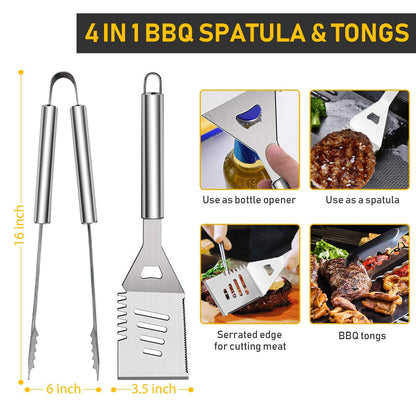 34Pcs Grill Accessories Grilling Gifts for Men, 16 Inches Heavy Duty BBQ Accessories, Stainless Steel Grill Tools with Thermometer, Grill Mats for Backyard, BBQ Set for Men Women