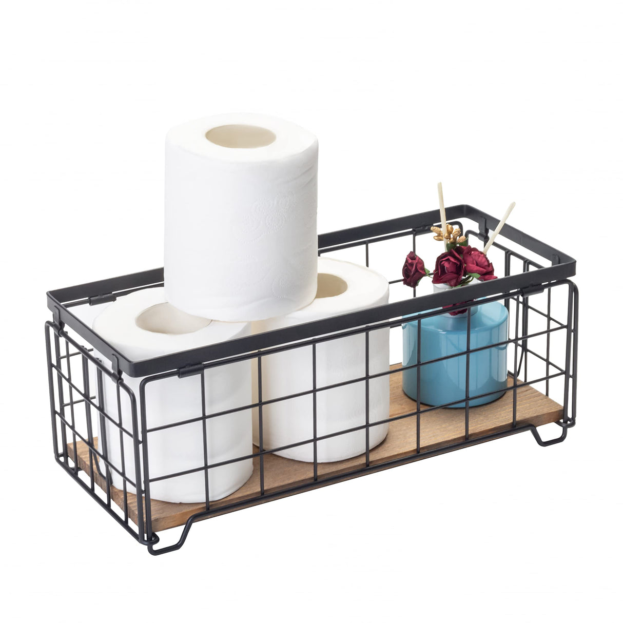 Metal Wire Storage Basket, Toilet Paper Roll Holder Wood Base Countertop Decor Box Toilet Tank Shelf Cabinet Organizer for Bathroom Pantry Garage Bedroom Livingroom - Black TIEYIPIN