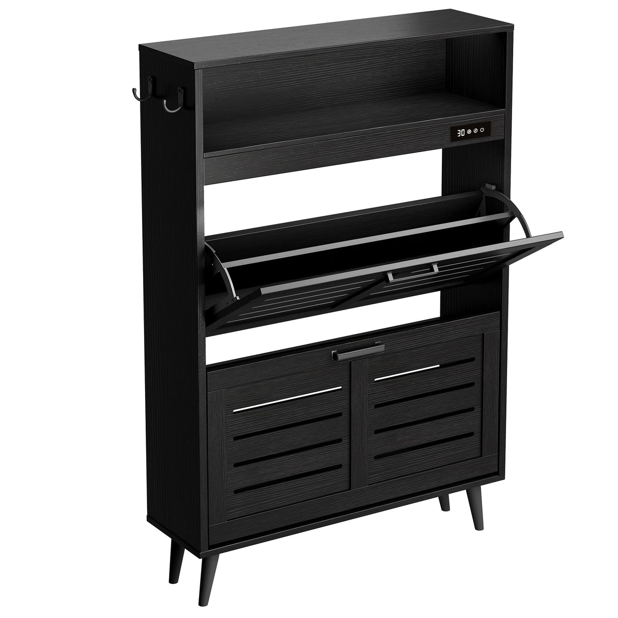 ChooChoo Shoe Storage Cabinet with 2 Flip Drawers, Deodorizing Shoe Cabinet Organizer with Open Storage, Freestanding Hidden Narrow Slim Shoe Rack Cabinet Space Saving for Entryway, Black ChooChoo