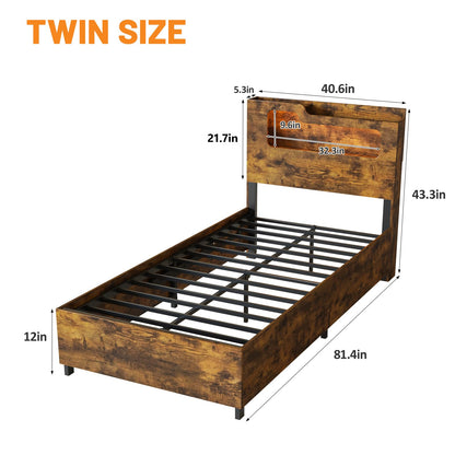 Fameill Twin Size Lift Up Storage Bed Frame, 2-Tier Headboard Wooden Platform Bed Frame with Lifting Storage & Charging Station, No Spring Box Needed/Noise Free