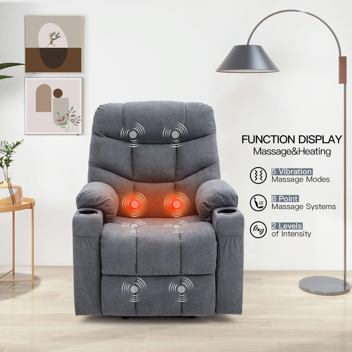 Esright Modern Electric Recliner Chair for Adults, Heavy Duty Power Lift Recliner with Heated Vibration Massage, Side Pockets, USB Charge Port & Cup Holders, Blue Grey Esright