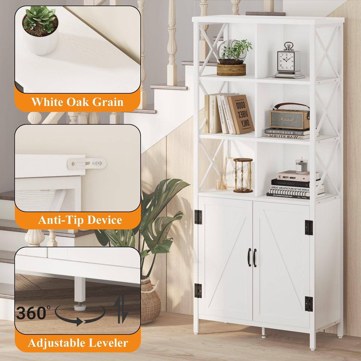 FATORRI Tall Bookcase with Doors - Modern White Oak Metal Shelf & Cabinet Storage FATORRI