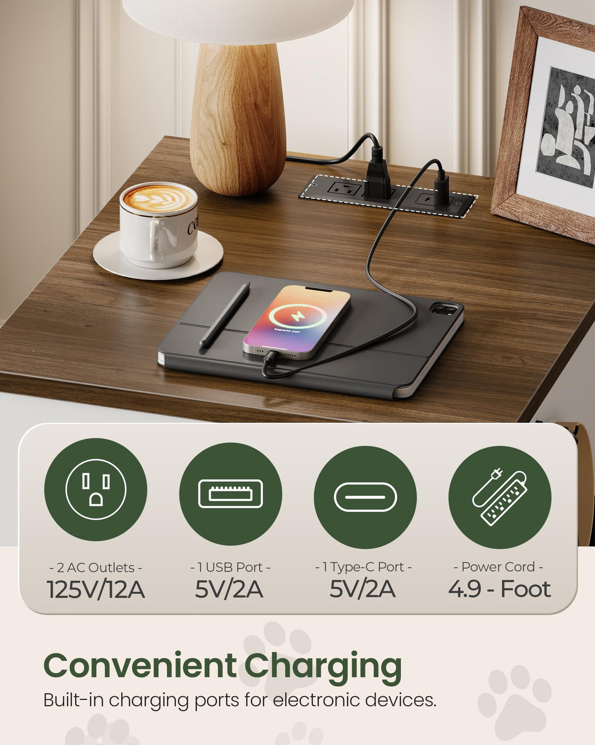 CHOEZON Dog Crate Furniture, Wooden Dog House with Charging Station and Storage Drawer, Indoor Pet Crate End Table for Small Breeds, for Living Room, Bedroom, White and Walnut MGW01UWL CHOEZON