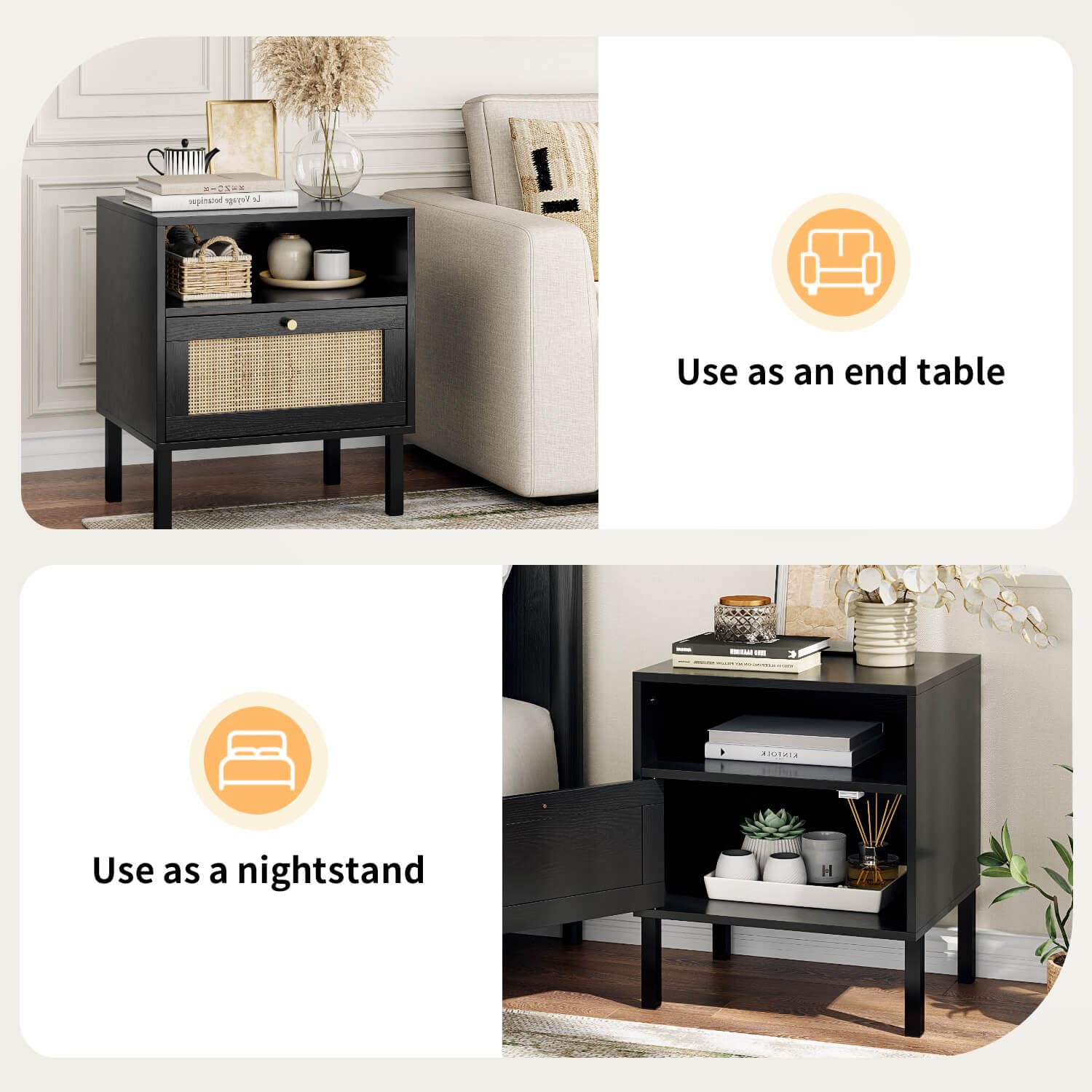 Angel Sar Rattan Night Stand Set 2, Boho Black Nightstands Set of 2, Bedside Table, End Table with Open Storage Space & Metal Legs, Bedroom Night Stand Wood Nightstand - WoodArtSupply