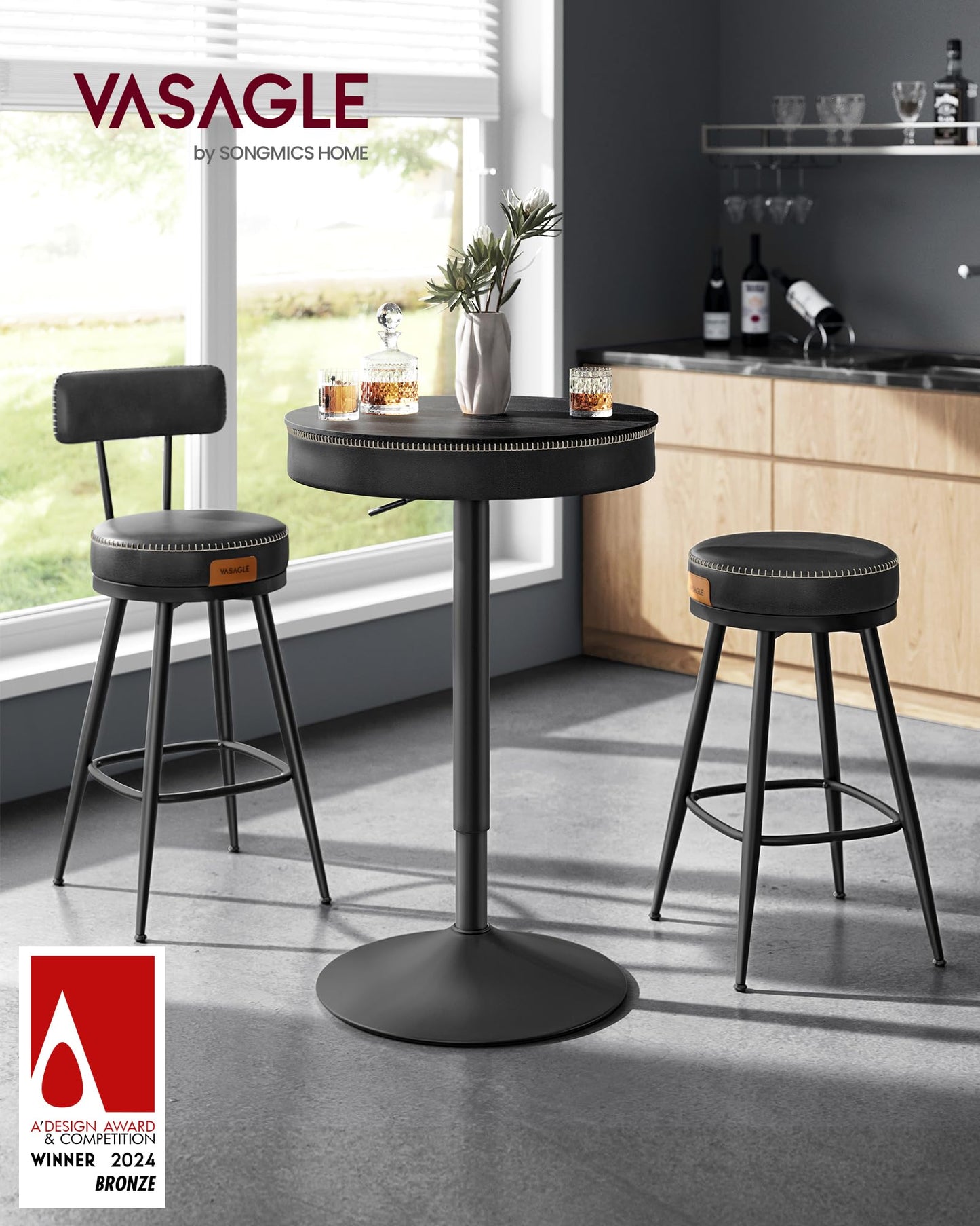 Height Adjustable Round Bar Table with Storage - VASAGLE EKHO Collection in Ebony Black and Ink Black - WoodArtSupply