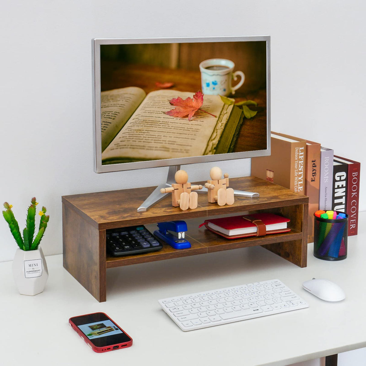 TEAMIX Wooden Monitor Stand Riser-2 Tier Laptop Stand for Desk, Monitor Riser for TV/Printer/Keyboard, Computer Stand with Storage Home Office Desk Shelf Organization TEAMIX