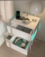 JOONEE White Nightstand with Charging Station and LED Lights,Modern Bedside Table with 2 Storage Drawer,Night Stand with Solid Wood Legs,White (White-2) JOONEE