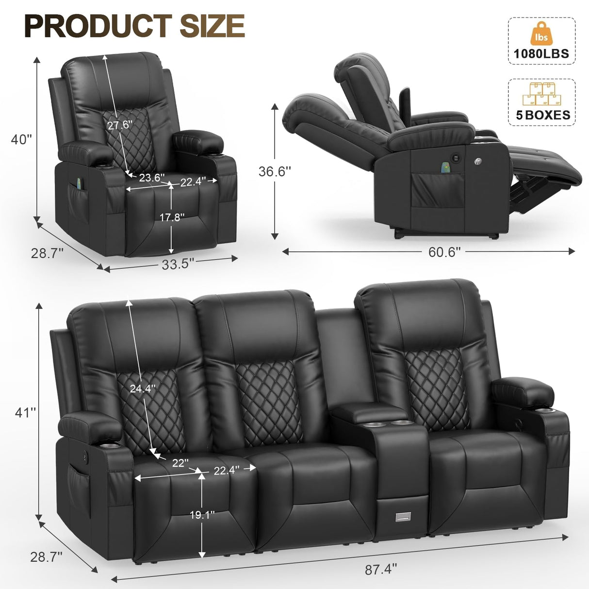 YONISEE Modern Recliner Sofa Set - 3 Seat Sofa & 1PC Swivel Recliner Chairs with Heat & Massage for Living Room (3+1) YONISEE