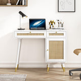 Anmytek Rattan Vanity Desk with Drawers and Storage, White Makeup Vanity Table Modern Home Office Desk Computer Desk for Study D0006 Anmytek