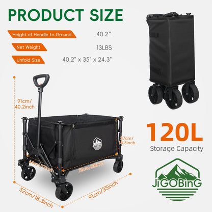 JIGOBING Collapsible Wagon, Portable Folding Wagon Cart with Wheels Foldable, 330lbs Heavy Duty Beach Wagon Outdoor Utility Cart with Dual Side Zipper, Cup Holders for Grocery Camping Garden Sports