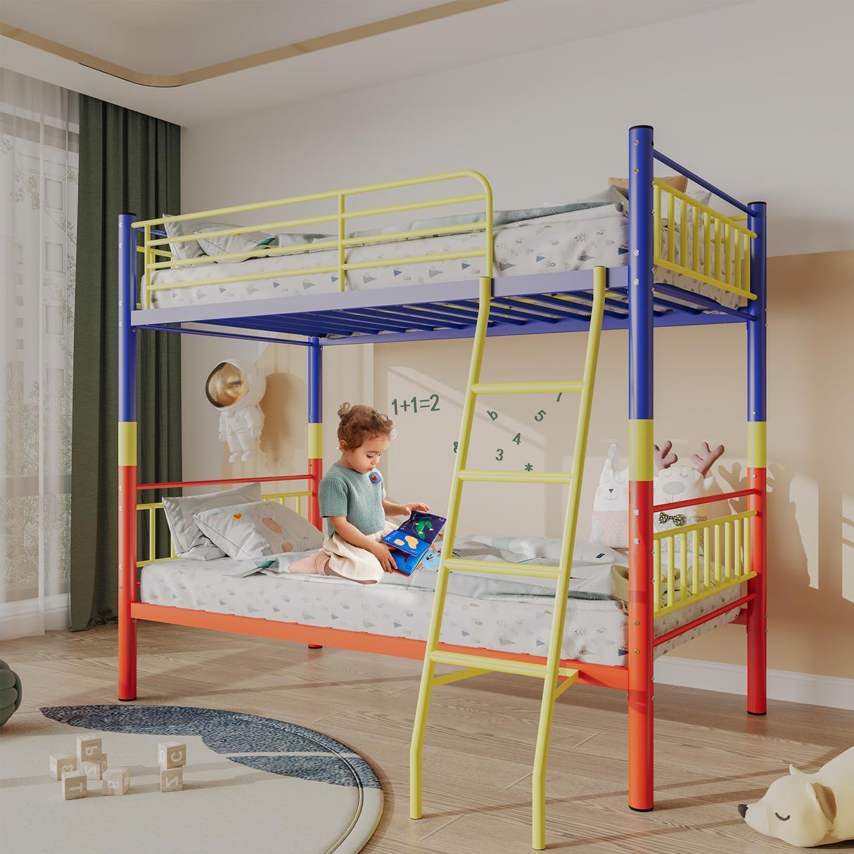 KAIFAM Bunk Bed Twin Over Twin, Metal Twin Bed Frames, Twin Over Full Bunk Bed with Safety Guardrail and Ladder, Trundle Bed Twin, No Box Spring Needed, Noise Free for Bedroom (Color) KAIFAM