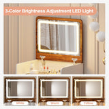 Trygoal 3 in 1 Compact Vanity, Small Dresser Desk with Flip-Top Mirror & Hidden Stool, Farmhouse Vanity Desk with USB Charging Station & 3-Color Lighting, Nightstand with Visible Glass Desktop, White Trygoal