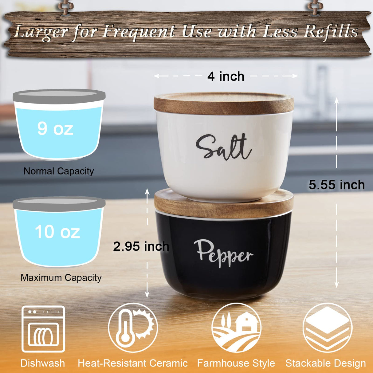 DAYYET Salt and Pepper Bowls, 10 oz Salt Cellar with Lid, Stacked Ceramic Salt Pepper Container with Acacia Wood Lid, Salt Box for Countertop, Black and White Kitchen Decor, Set of 2 DAYYET