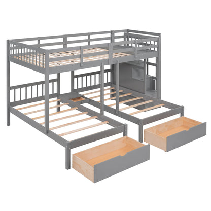 Harper & Bright Designs Grey Triple Bunk Beds with Drawers and Storage Staircase - Full Over Twin & Twin Design - WoodArtSupply