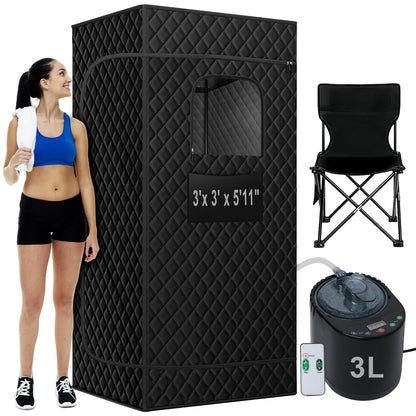 Ramarmro Portable Steam Sauna，3'x 3' x 5.9' Full Body Sauna Box for Home, Sauna Tent Sauna Box with 3L 1500W Steamer, 9 Levels, 99 Minute Timer with Remote Control, Foldable Chair with Side Pocket