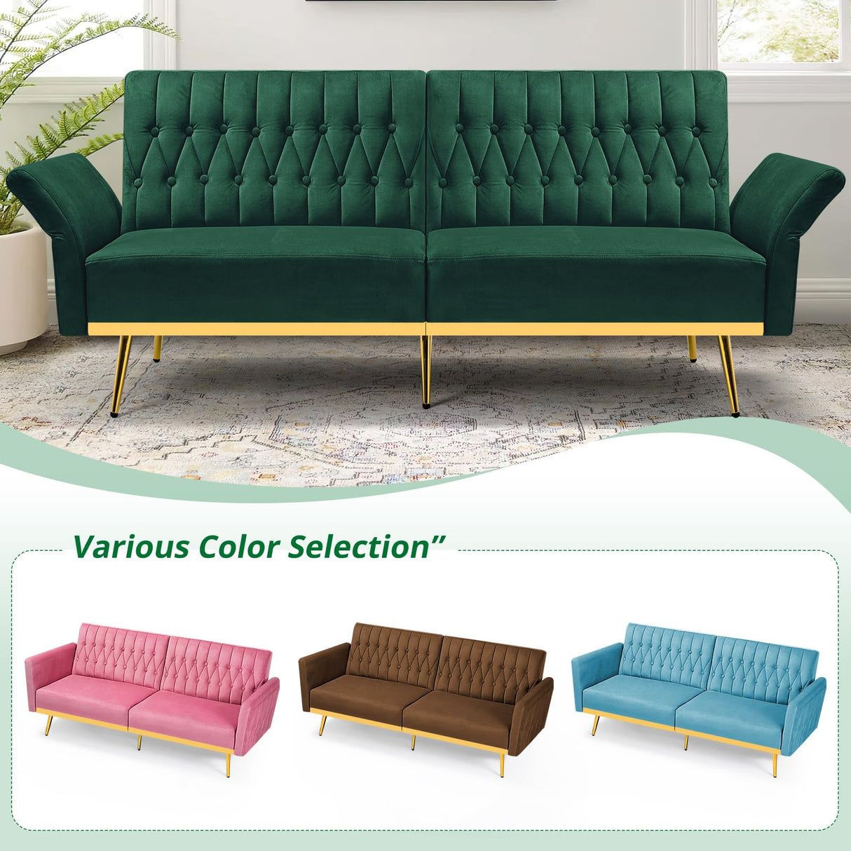 ACMEASE 70” Velvet Futon Sofa Bed w/Adjustable Backrests and Armrests, Convertible Futon Couch with 2 Pillows, Modern Tufted Sleeper Bed for Living Room, Bedroom,Green ACMEASE