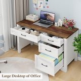 Halitaa Farmhouse Executive Desk with Drawers, Wood Computer Desk with Ample File Drawer, Rustic Home Office Desk with Storage for Bedroom, Living Room, White Halitaa