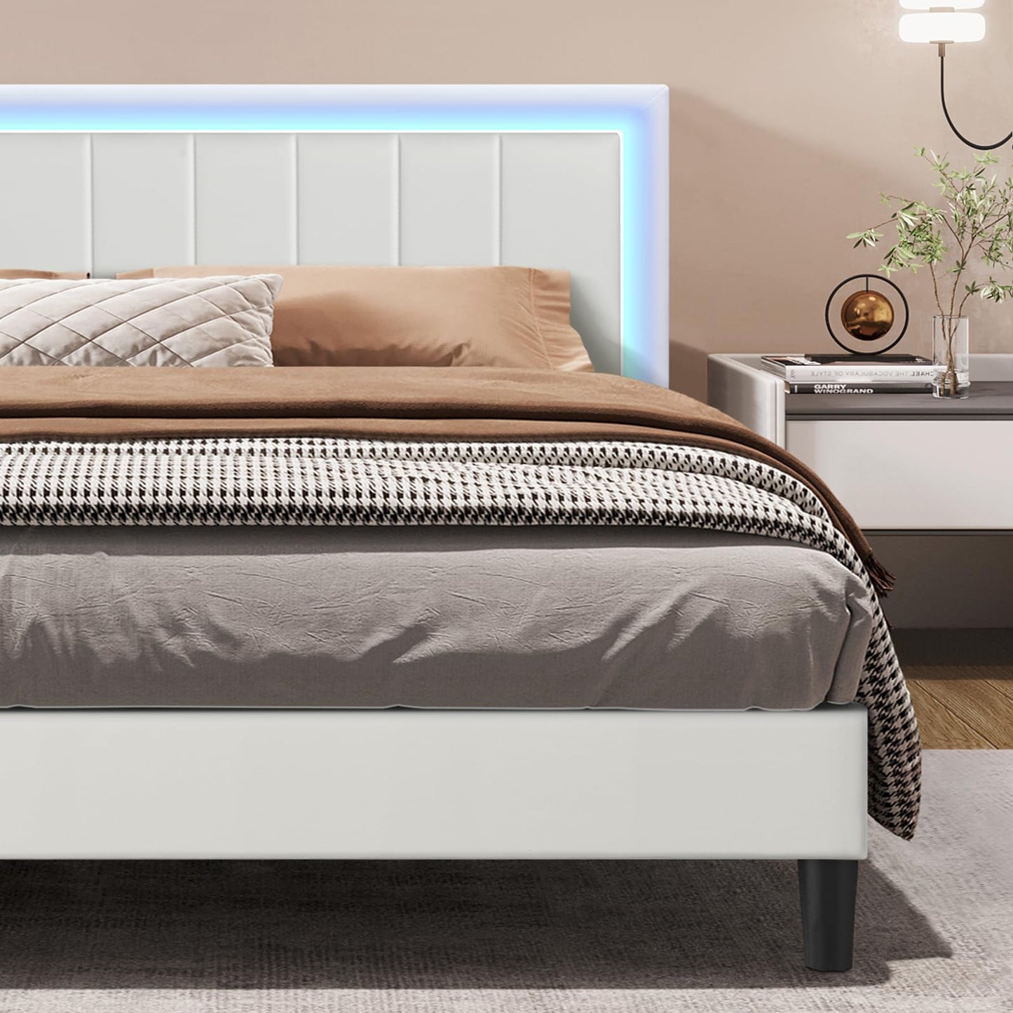 Catrimown King Size Upholstered Bed Frame with LED Lights and Sturdy Support - WoodArtSupply