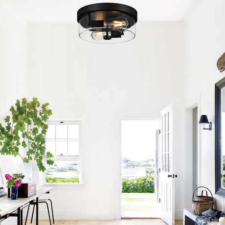 Black Flush Mount Ceiling Light Fixtures, 2-Light Ceiling Mount for Farmhouse with Seeded Glass Lampshade, Industrial Flush Mount Light Fixture Farmhouse for Hallway, Kitchen, Entryway and Foyer szzgco
