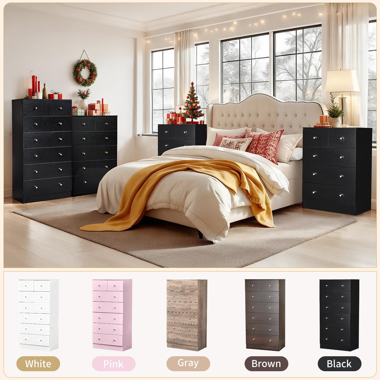 Karl home Black 7 Drawer Dresser for Bedroom, Tall Dresser Chest of Drawers, Rustic Wood Bedroom Dressers Clothes Organizer, Anti-Tipping Device, Rose Gold Metal Handle, Living Room, Entryway, Office Karl home