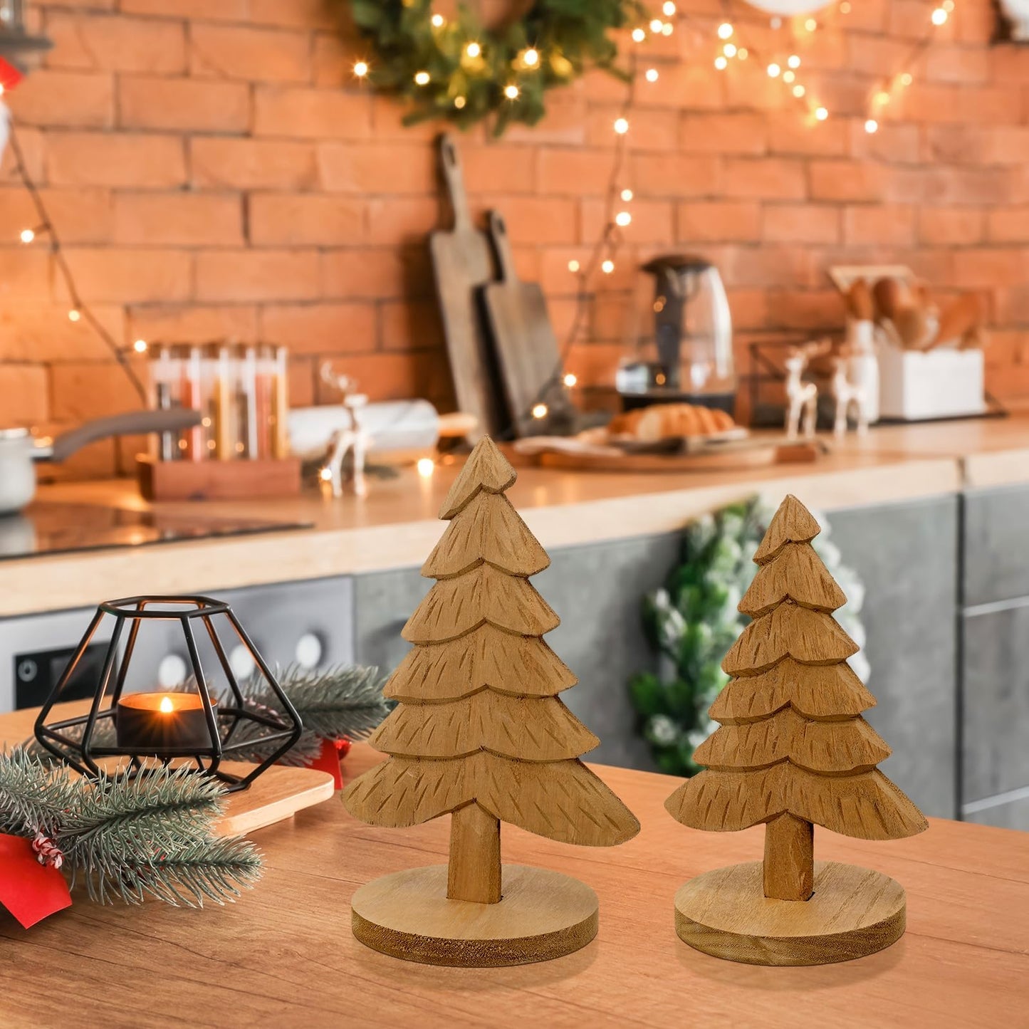 Qunclay 3 Pcs Wooden Christmas Tree Tabletop Handmade Wood Trees Artificial Standing Pine Tree Decor with Base Rustic Farmhouse Christmas Centerpiece for Home Office Table Xmas Holiday Party Decor