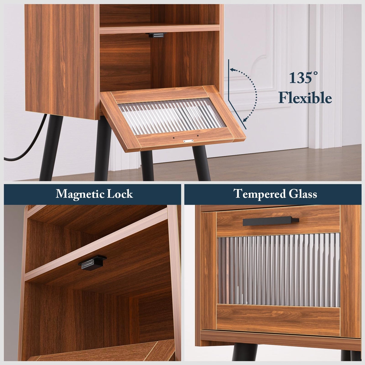 HAIOOU Set of 2 Mid Century Nightstand with Charging Station, Mid Century LED Light Modern End Table with Drawer, Glass Door, Open Shelf, Small Side Table Pine Wood Legs for Home Bedroom Living Room HAIOOU