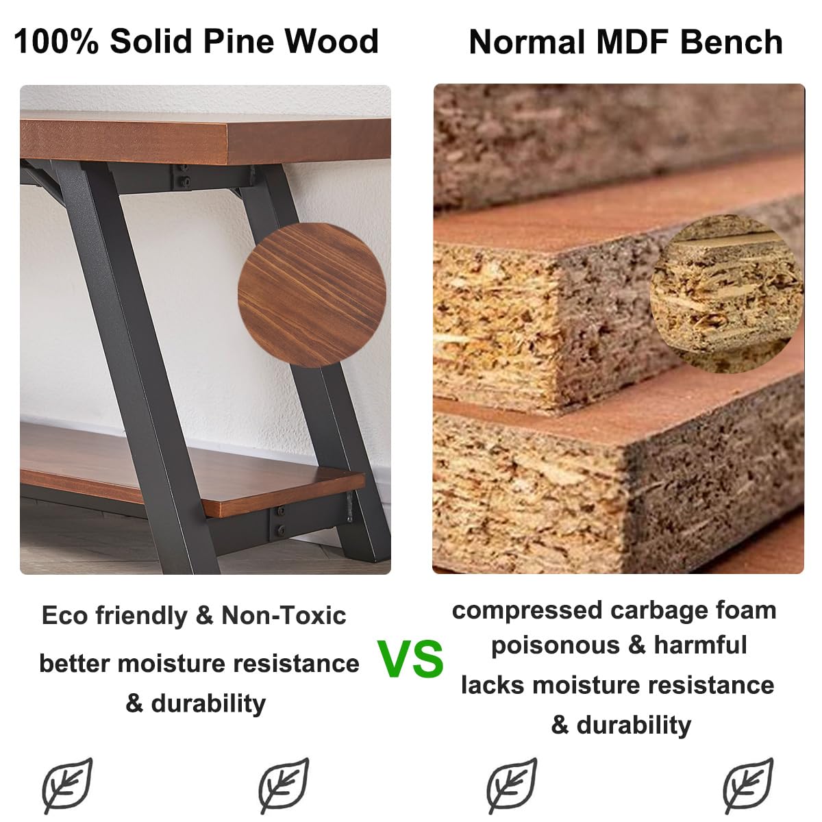 IBF Natural Real Wood Entryway Bench, Solid Wood Storage Bench, Industrial Bedroom Bench in Entry Way Hallway Foyer Rack, Modern Shoe Bench Seat for IBF