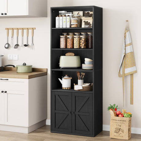 GarveeHome Farmhouse Bookcase with Doors 11.8in Depth Display Storage Shelves 71.4in Tall Industrial Bookshelf Wooden 6 Shelf Bookshelves for Bedroom, Living Room, Home Office (Black) GarveeHome