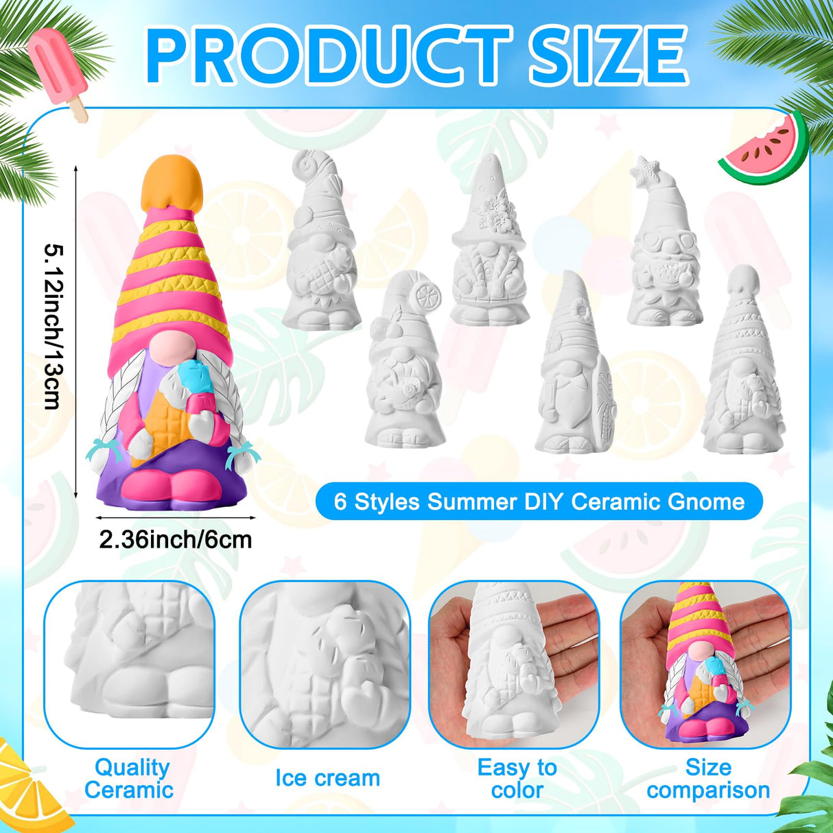 Arrowbash 6 Pcs Summer Ceramics to Paint Ready to Paint Your Own Gnome Statues 5.12 Beach Theme Paintable Figurines DIY Unpainted Ceramics Plaster Crafts Kit with Brush Palette Paint Arrowbash