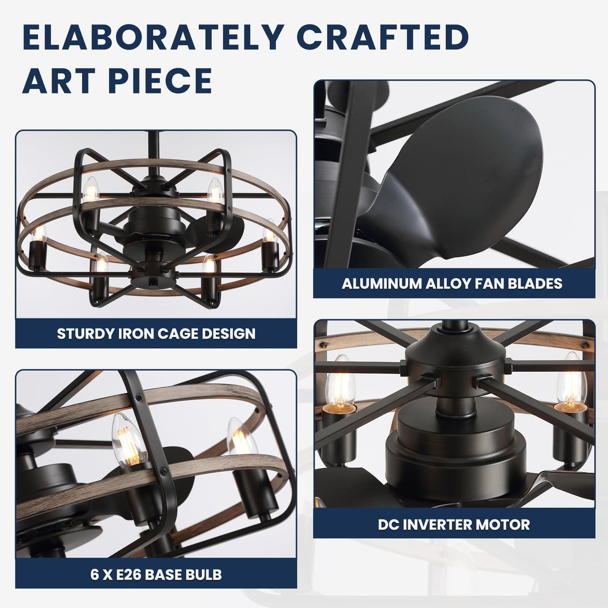 NOXARTE Cage Ceiling Fan with Light, Vintage Fandelier Remote Control, Bladess Industrial Chandelier Ceiling Fan Reverse Motor for Living Dining Room Bedroom Dia 25 Inch NOXARTE