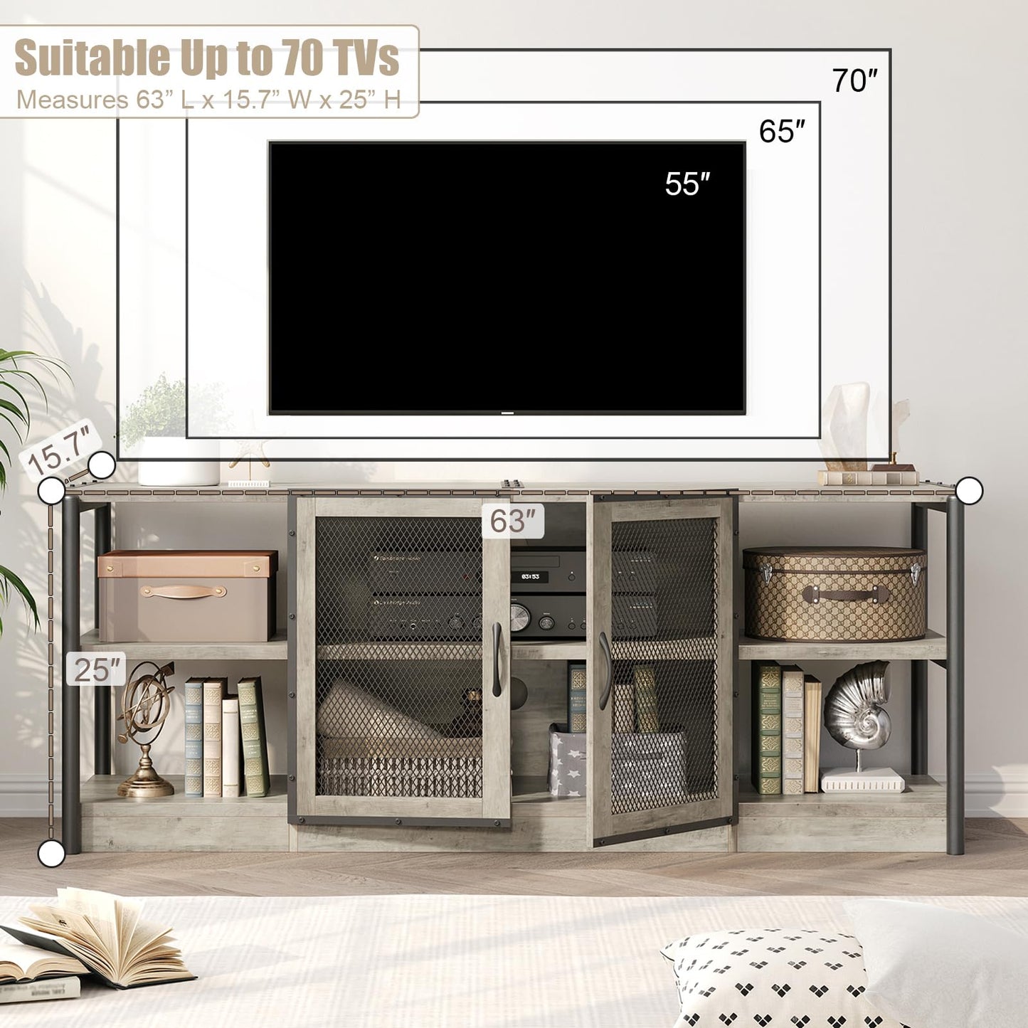 TV Stand for 70 Inch TV, Industrial Entertainment Center with Storage and Shelves, Farmhouse TV Stand with Mesh Door, Grey TV Media Console Cabinet Furniture for Living Room, Bedroom (Grey, 63 Inch)