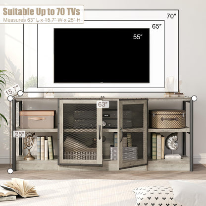 TV Stand for 70 Inch TV, Industrial Entertainment Center with Storage and Shelves, Farmhouse TV Stand with Mesh Door, Grey TV Media Console Cabinet Furniture for Living Room, Bedroom (Grey, 63 Inch)