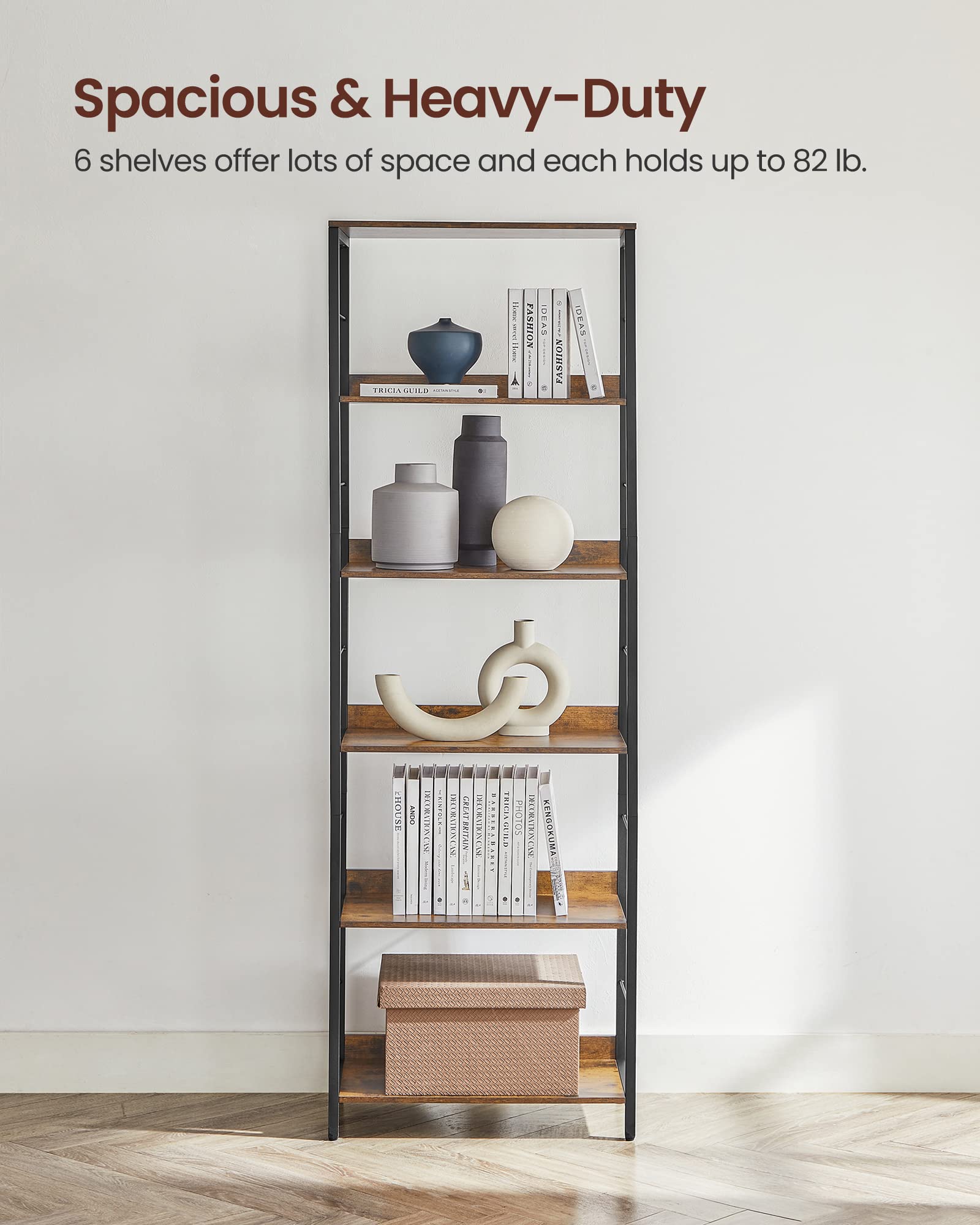 VASAGLE Industrial 6-Tier Bookshelf with Protective Back Panels - Rustic Brown & Black Decor Storage Unit - WoodArtSupply