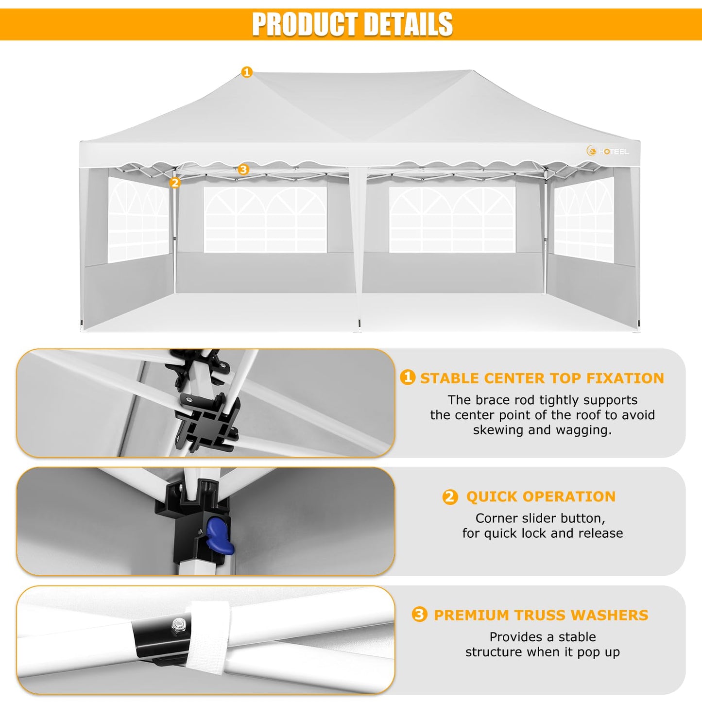 HOTEEL 10x20 Pop Up Canopy Tent for Parties, Waterproof Easy Setup Canopy Tent 10x20 with 6 Sidewalls, 4 Sandbags, Wheeled Bag, Outdoor Sunproof 10x20 Canopy for Backyard, Wedding, Event, Patio, White