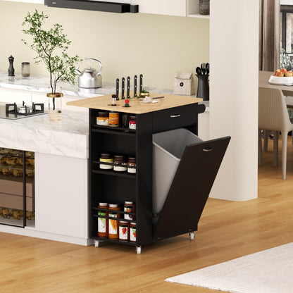 Rolling Mobile Kitchen Island with Drop Leaf, Portable Cart with Rubberwood Top, Spice Rack, and Drawers for Dining Room, Trash Cabinet Tilt Out 10 Gallon Storage, Black