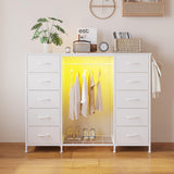LUMTOK 55" W 2-in-1 Dresser with Hanging Rack, 10 Drawers Dresser for Bedroom, White Drawer Dressers with LED Lights, Charging Station and Hanging Racks for Bedroom LUMTOK