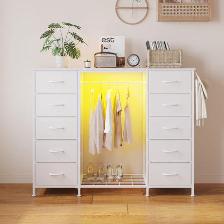 LUMTOK 55" W 2-in-1 Dresser with Hanging Rack, 10 Drawers Dresser for Bedroom, White Drawer Dressers with LED Lights, Charging Station and Hanging Racks for Bedroom LUMTOK
