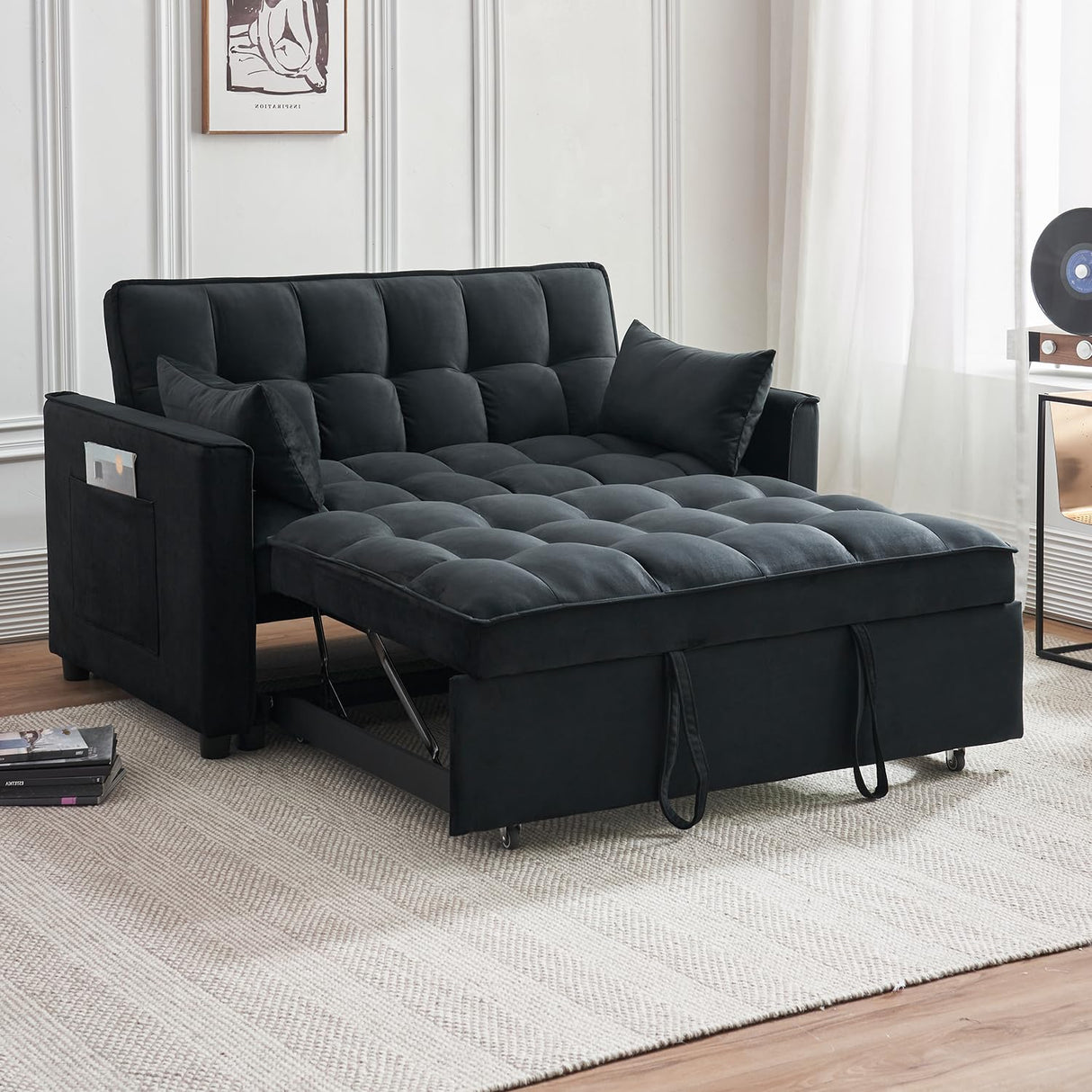 FENFSHE Futon Sofa Bed, Modern Velvet 3 in 1 Sleeper Sofa Couch Bed, Pullout Couch Bed with Adjustable Backrest, Storage Pockets and Toss Pillows for Living Room, Bedroom (Black) FENFSHE