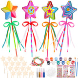 Mezchi 70 Pcs Star Princess Fairy Wands Craft Kit, Make Your Own Wand Craft DIY Magical Wand Kit Includes 16 Unfinished Wooden Princess Wand, 3 Gem Stickers, 32 Colorful Ribbons and Paint Mezchi