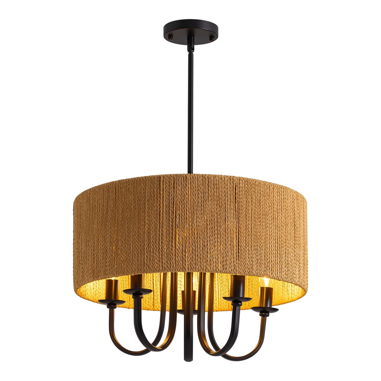 NOXARTE Rattan Chandelier 5-Light Boho Farmhouse Drum Chandelier Light Fixture, 19.2" Hand-Woven Wicker Pendant Light, Hanging Light Fixture for Dining Room Living Room Bedroom Kitchen Island NOXARTE